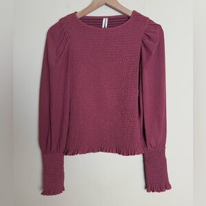 by Anthropologie Womens Smocked Puff Balloon Sleeve Blouse Top Size XS Maroon